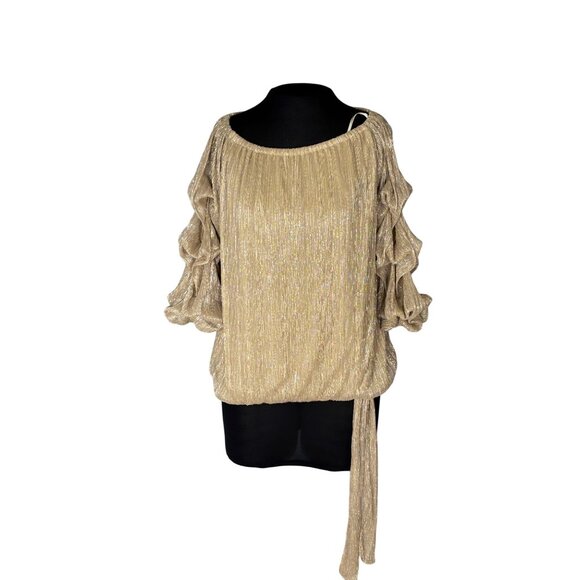 Gold Metallic Ruffle Sleeve Top With Side Tie Design By MSK - Womens Size L - Picture 1 of 10